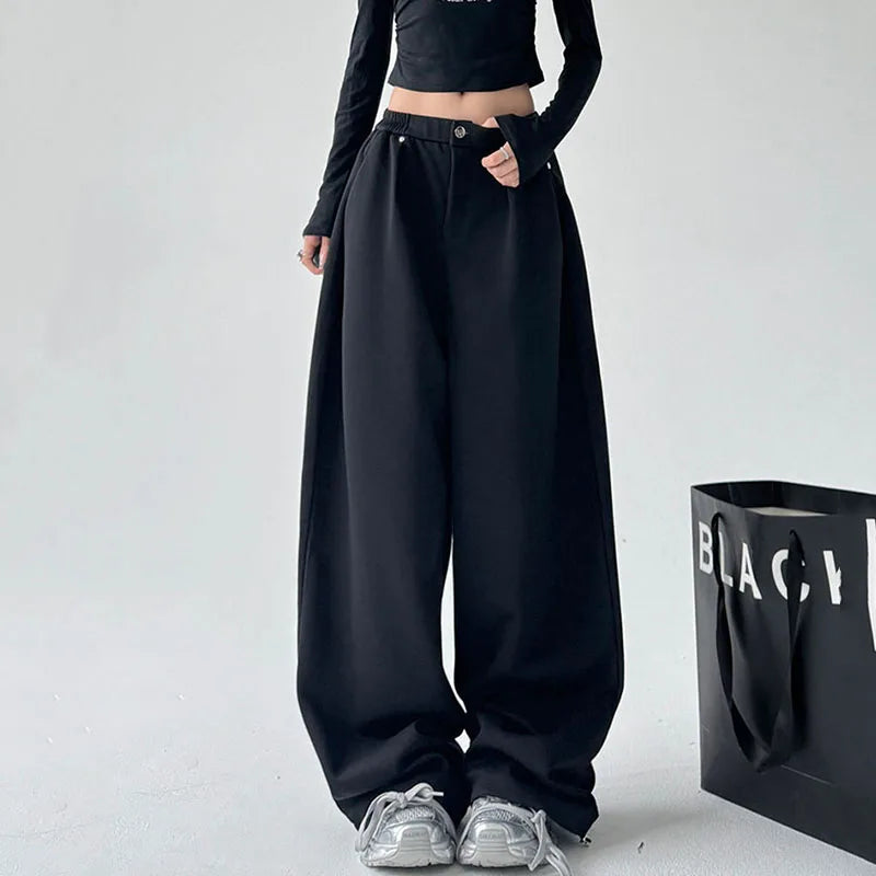 Weite Freizeithose für Damen, hoher Bund, Grau meliert