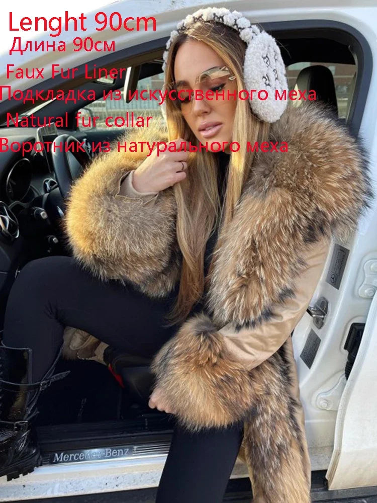 Damen Winterparka Schwarz mit Pelzbesatz Kapuze Lang