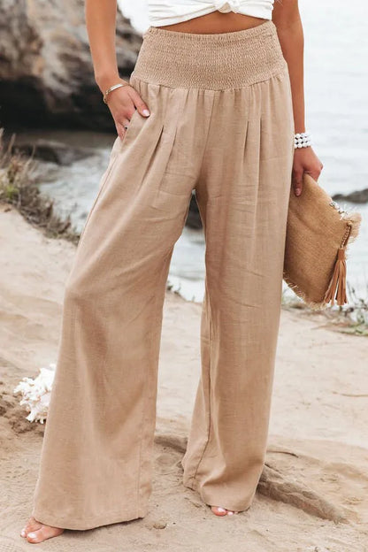Damen Leinenhose mit weitem Bein und gerafftem Bund, lockere Freizeithose