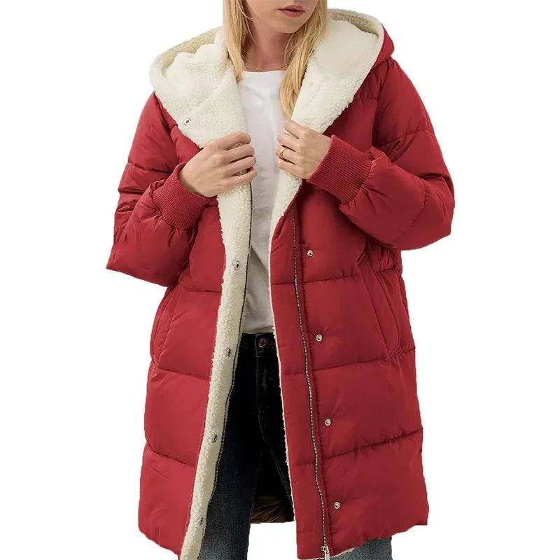 Damen Langer Steppmantel mit Kapuze Gefüttert Winter Jacke