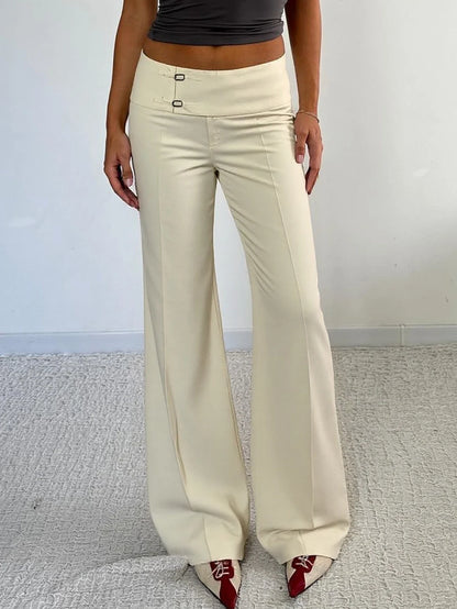 Damen Hose Hellbeige mit weitem Bein und Hakenverschluss