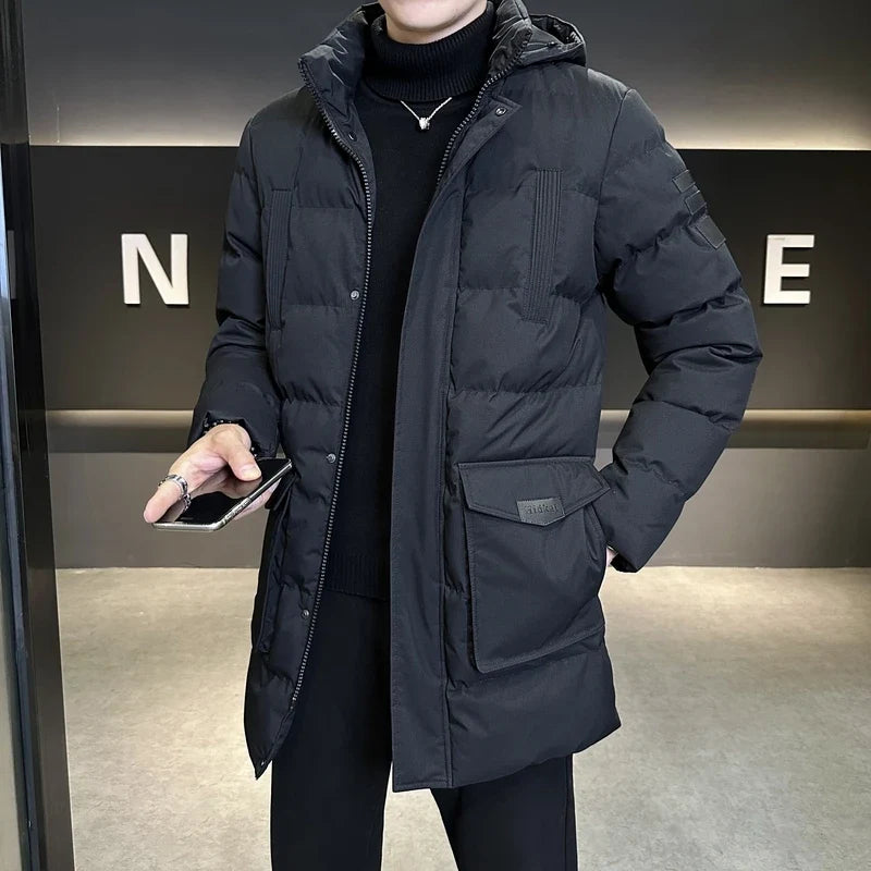 Herren Steppjacke lang gefüttert mit Kapuze Winter Parka
