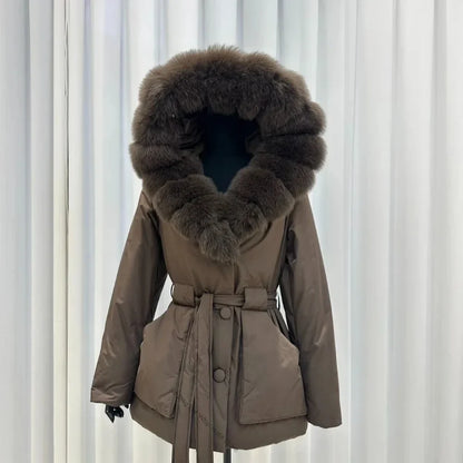 Damen Winterjacke mit Fellkapuze und Bindegürtel, Schwarz