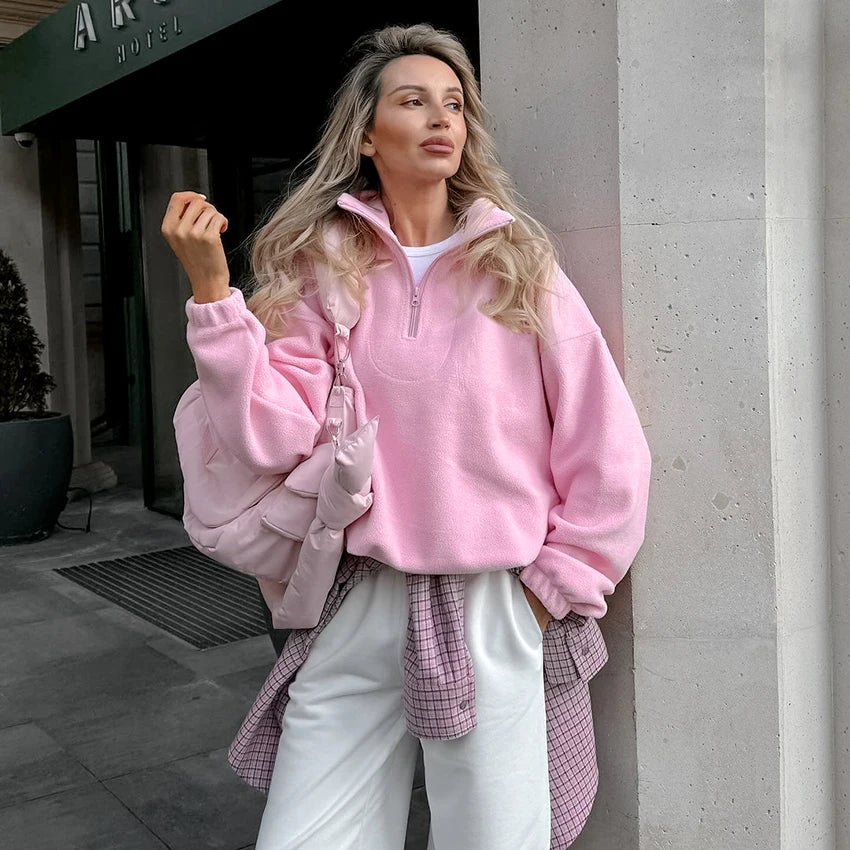 Damen Fleece Pullover Pink mit Reißverschluss Stehkragen