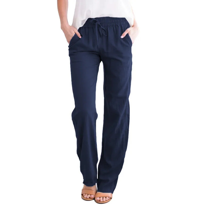 Damen Freizeithose mit weitem Bein und Kordelzug, Leinen-Look, Elastischer Bund
