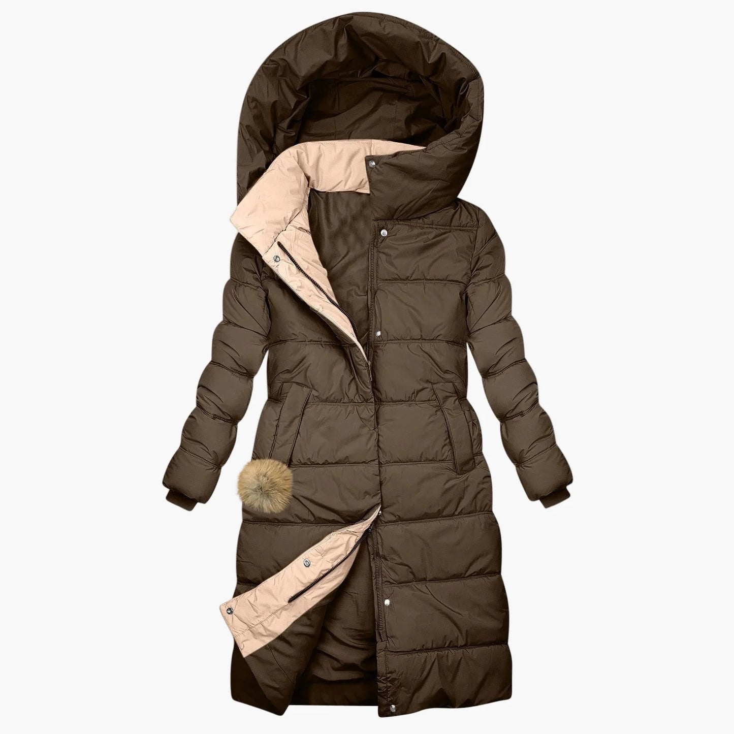 Damen Langer Winter Steppmantel mit Kapuze – Eleganter Kuschel-Parka für Alltag & Freizeit