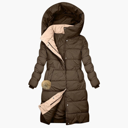 Damen Langer Winter Steppmantel mit Kapuze – Eleganter Kuschel-Parka für Alltag & Freizeit