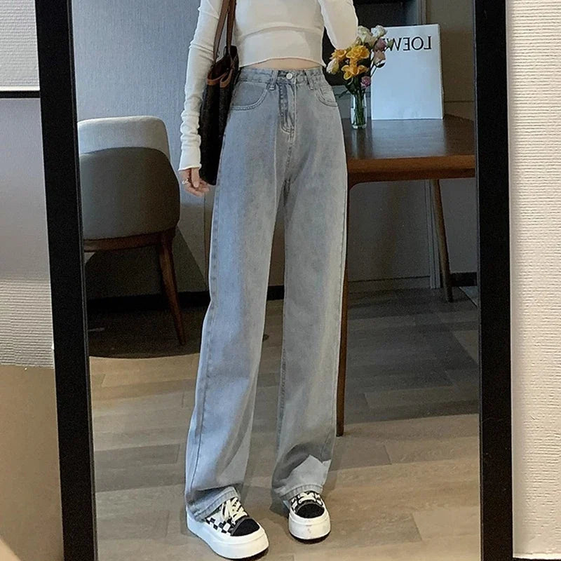Damen Jeans High Waist Weites Bein Straight Fit