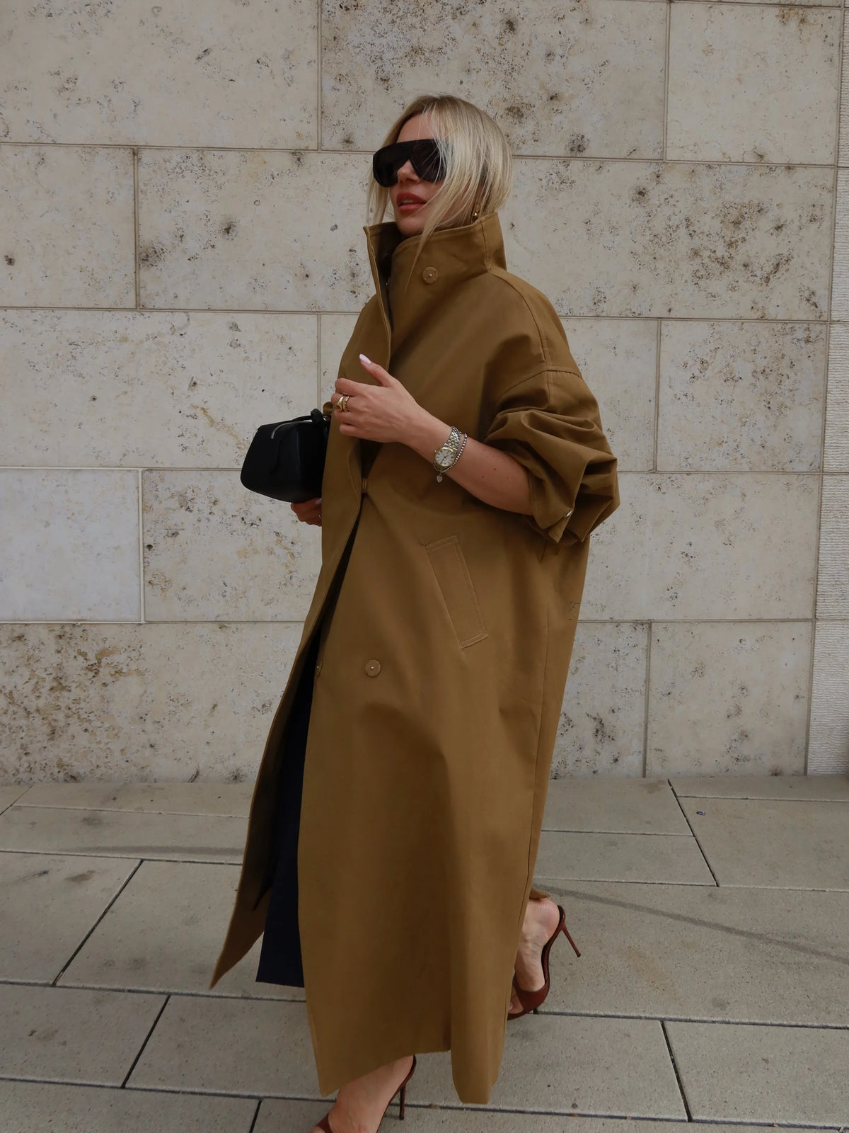 Damen Oversize Trenchcoat Mantel Lang Windbreaker Khaki