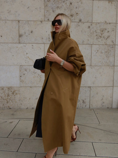 Damen Oversize Trenchcoat Mantel Lang Windbreaker Khaki