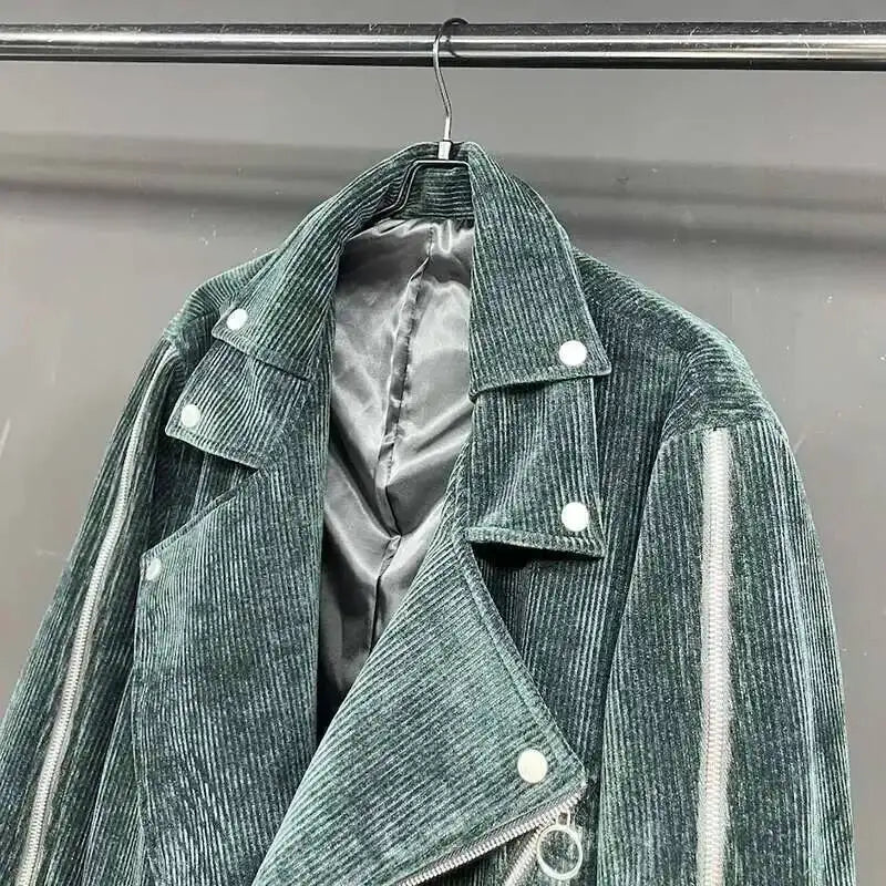 Kord Mantel Unisex Lang Biker Stil mit Reißverschlüssen Dunkelgrün