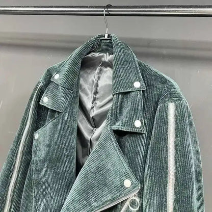 Kord Mantel Unisex Lang Biker Stil mit Reißverschlüssen Dunkelgrün