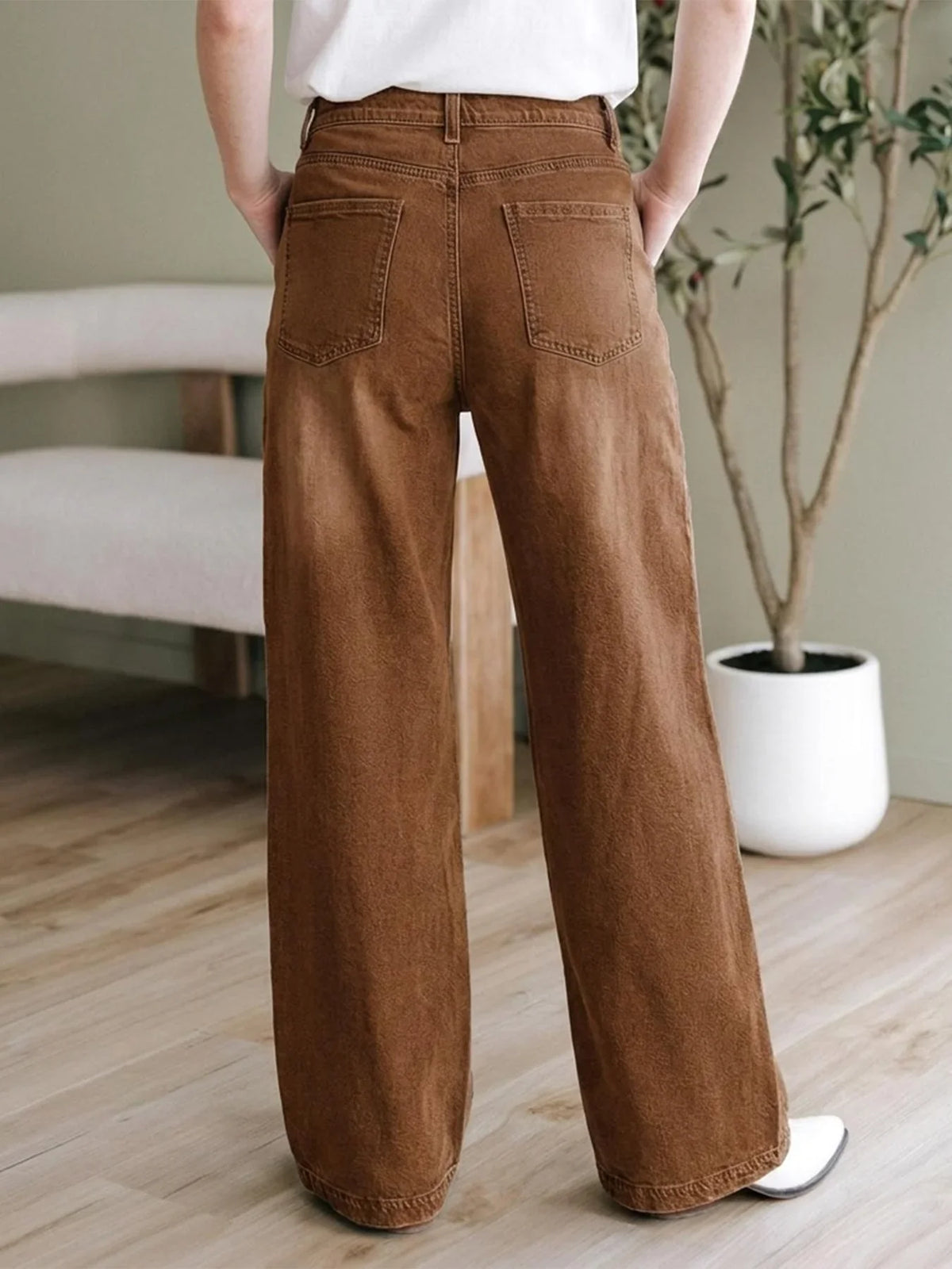 Damen Wide Leg Hose Braun mit hoher Taille und Knöpfen