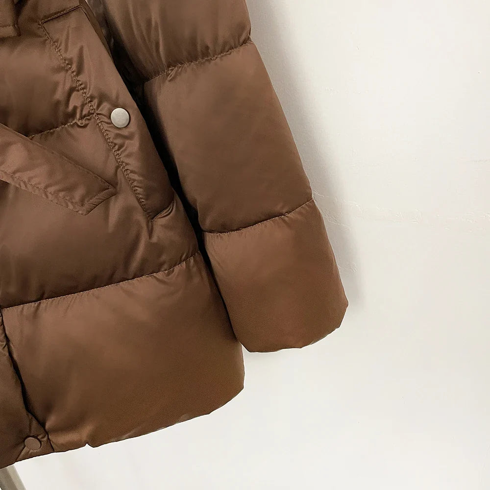 Damen Winter Steppjacke mit Kunstpelzkragen und Gürtel