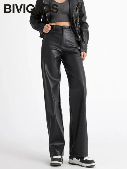 Damen Kunstlederhose Weites Bein Hoher Bund