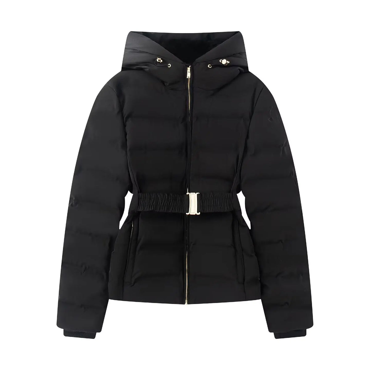 Gepolsterte Damen Winterjacke mit Kapuze und Gürtel, kurzer Schnitt, in Schwarz