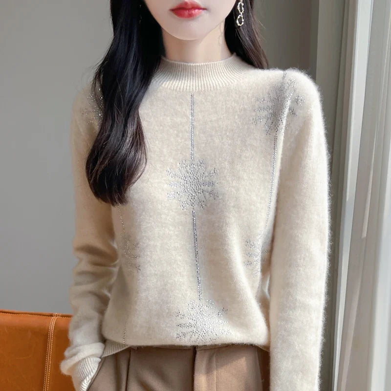 Damen Pullover mit Stehkragen und Schneeflocken-Strassmuster