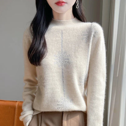 Damen Pullover mit Stehkragen und Schneeflocken-Strassmuster