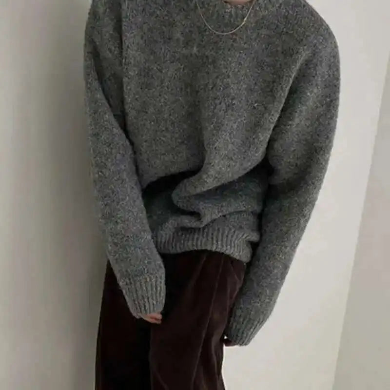 Grauer Strickpullover Rundhals für Herren, Langarm, Grobstrick