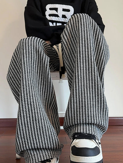 Unisex Freizeithose mit Fischgrätmuster Braun Weiß Kordelzug lockere Passform