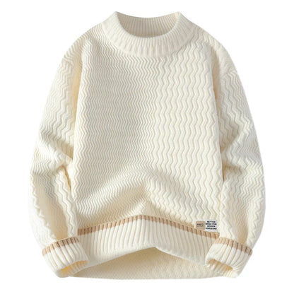 Unisex Rollkragenpullover mit Wellenmuster und Kontraststreifen – Gemütlicher Strickpullover