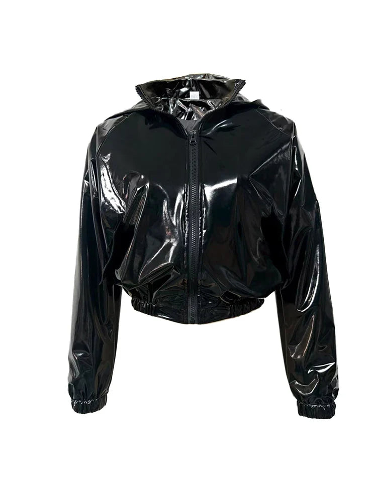 Damen Kapuzenjacke glänzend Schwarz kurzer Schnitt
