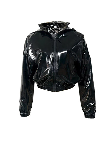 Damen Kapuzenjacke glänzend Schwarz kurzer Schnitt