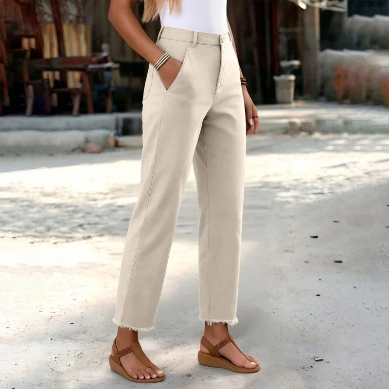 Damen Freizeithose mit hohem Bund und Fransen Saum