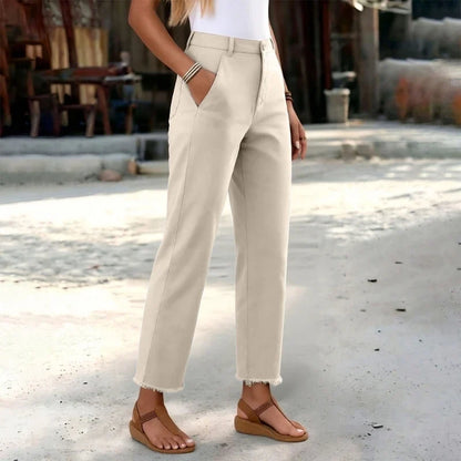 Damen Freizeithose mit hohem Bund und Fransen Saum