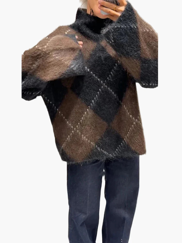 Damen Oversize Pullover im Karo-Design – Modischer Winter Strickpullover für Alltag & Freizeit