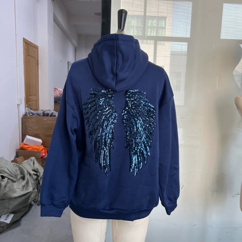 Glitzer Flügel Hoodie Damen Kapuzenpullover