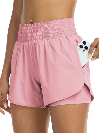 Damen Sportshorts mit hohem Bund und Tasche, 2-in-1-Design
