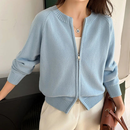 Damen Strickjacke mit Reißverschluss, Langarm, Rundhals