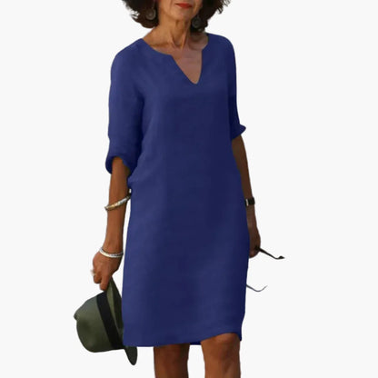 Damen Kleid mit V-Ausschnitt und 3/4-Ärmeln – Eleganter Freizeit- und Büro-Look