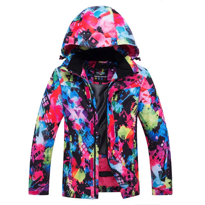 Bunte Outdoor Jacke mit Kapuze und Reißverschluss, Wasserabweisende Windjacke für Damen