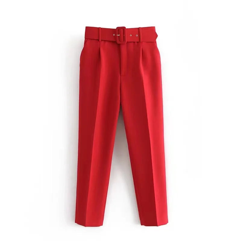 Damen Stoffhose mit hohem Bund, geradem Bein & Gürtel