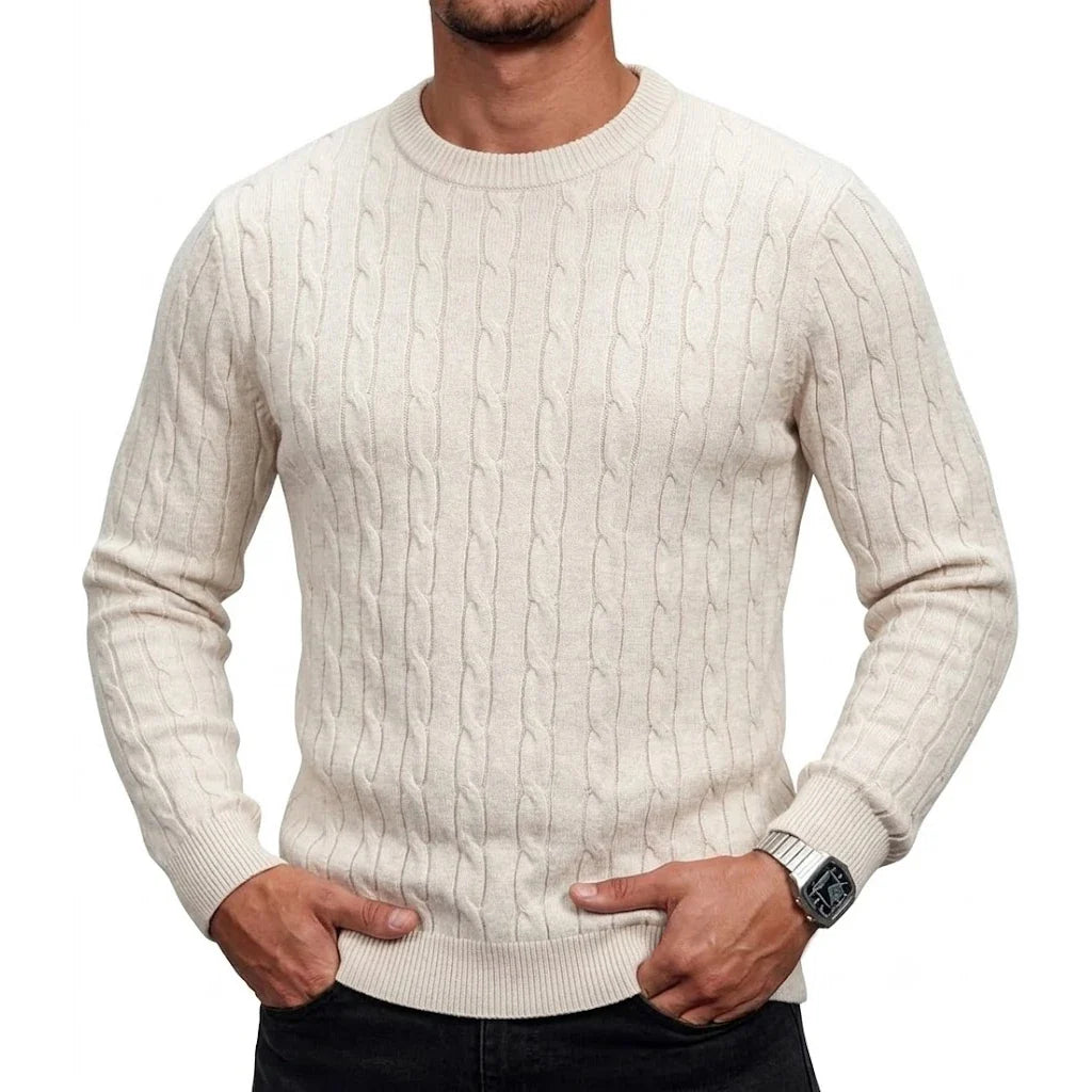 Herren Zopfmuster Pullover Rundhals Langarm Strickpullover Rippbündchen Slim Fit