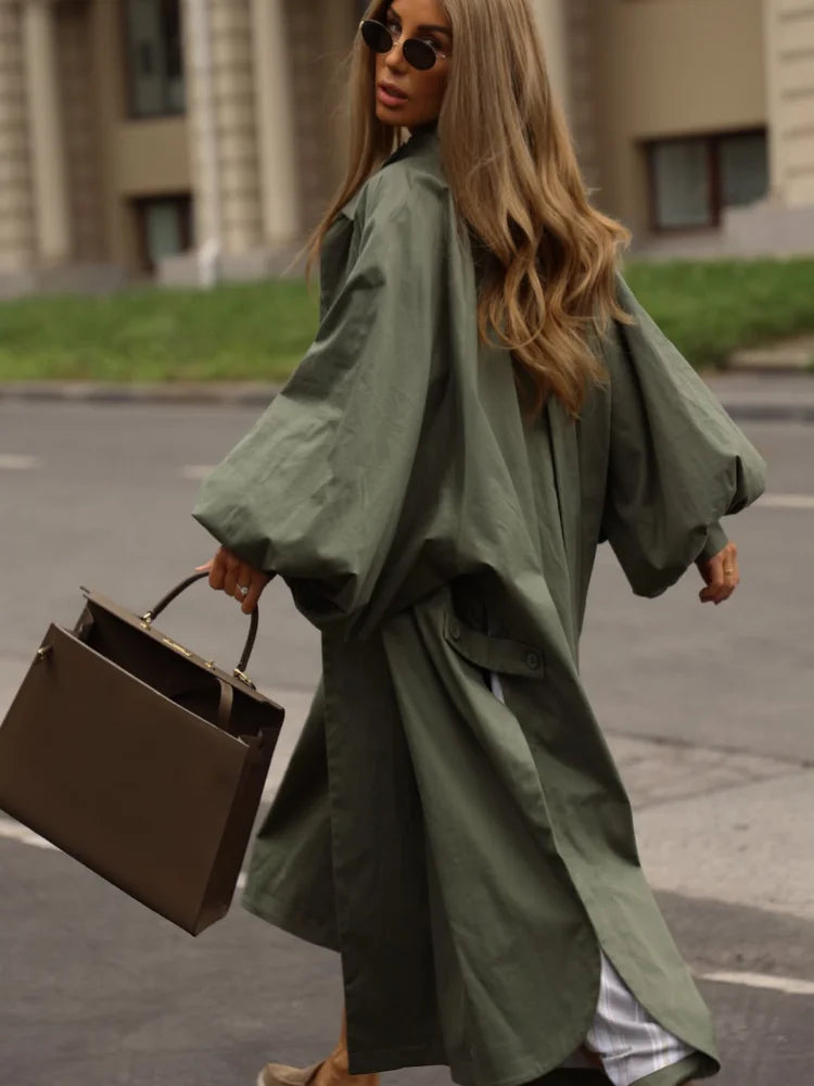 Damen Trenchcoat Lang Locker Weite Ärmel Stehkragen - Khaki