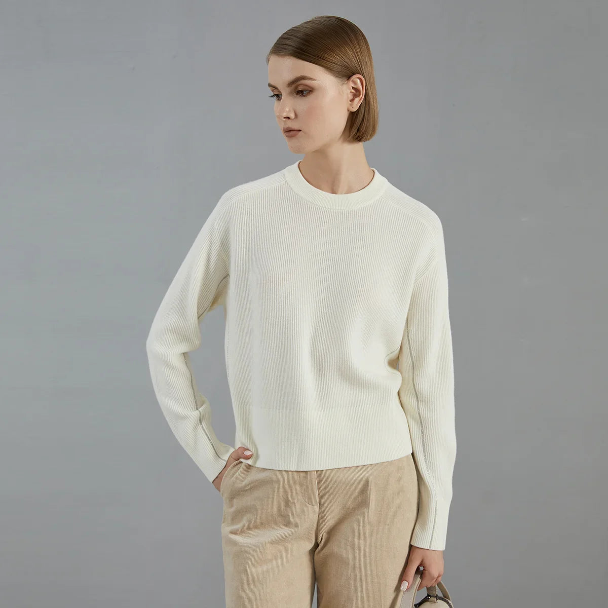 Damen Pullover gerippt Rundhals Langarm Strickpullover