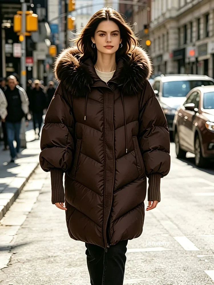 Damen Steppmantel mit Kapuze und Fellimitatbesatz, Warm Gefütterter Winterparka