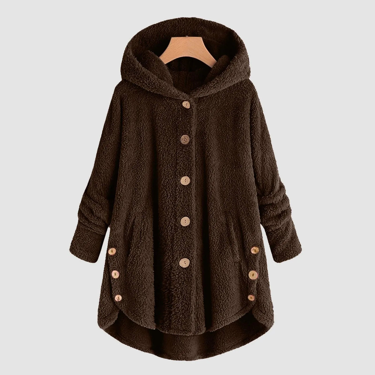 Damen Kuschelige Kapuzenjacke aus Fleece mit Holzknöpfen