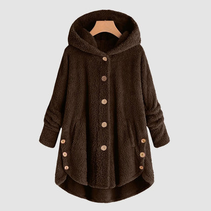 Damen Kuschelige Kapuzenjacke aus Fleece mit Holzknöpfen