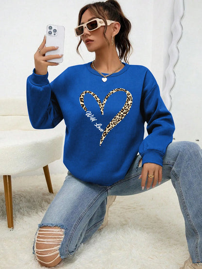 Damen Sweatshirt mit Leopardenherz-Druck Rundhals Langarm Pullover