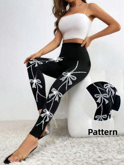 Damen Leggings Schwarz mit Glitzer-Schleifenmuster Hohe Taille
