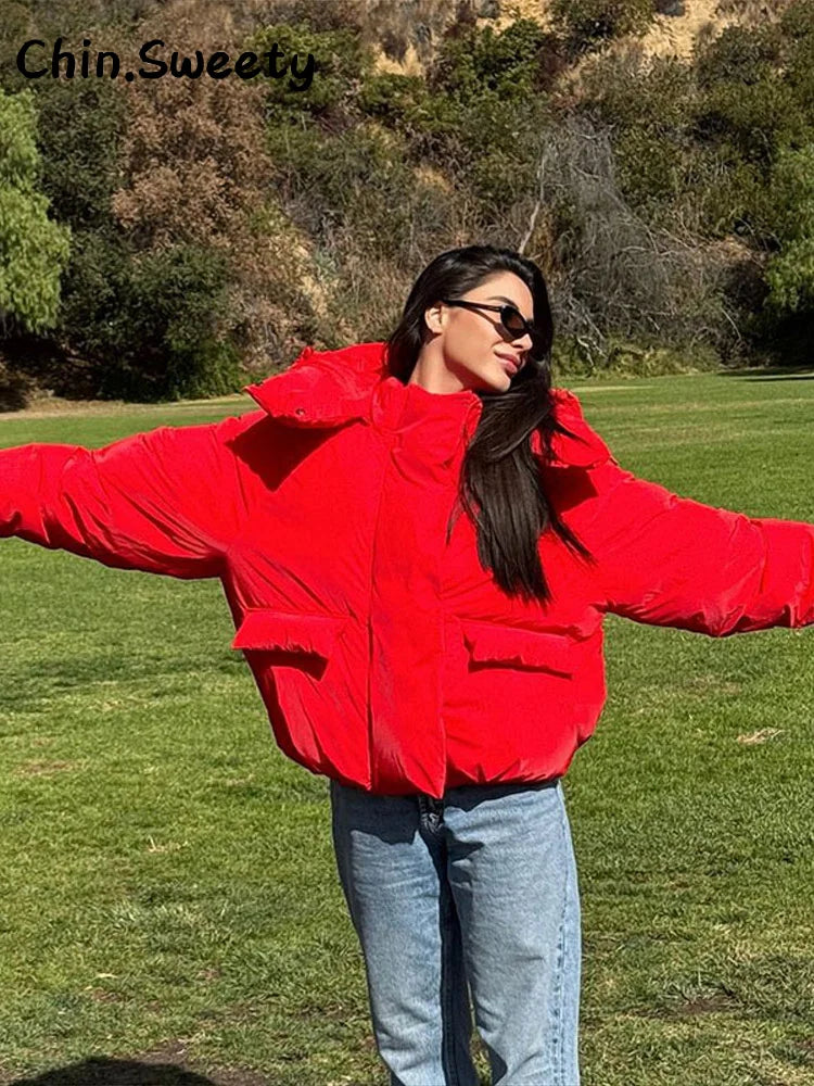 Damen Steppjacke mit Kapuze, kurzer Puffer-Stil, einfarbig, gefüttert