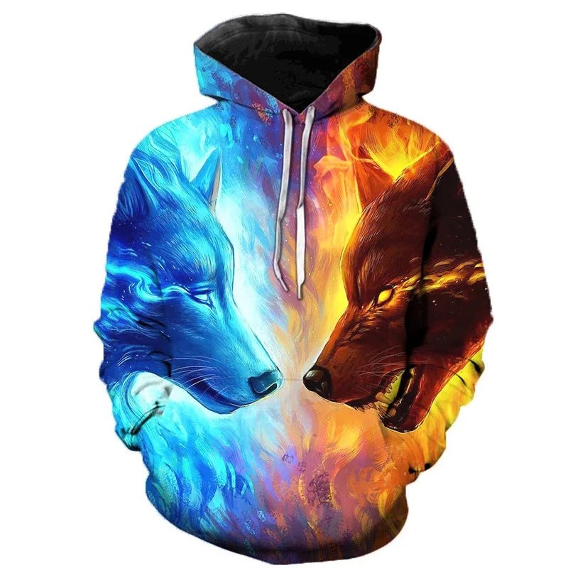 Hoodie mit Wolf-Motiv, bunte Grafik, Kapuzenpullover
