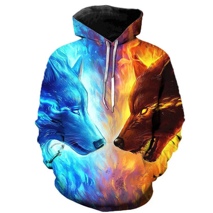 Hoodie mit Wolf-Motiv, bunte Grafik, Kapuzenpullover