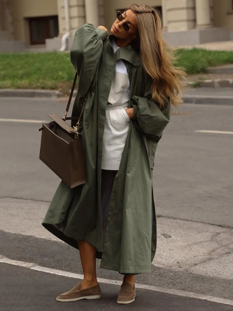 Damen Trenchcoat Lang Locker Weite Ärmel Stehkragen - Khaki