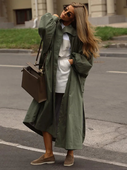 Damen Trenchcoat Lang Locker Weite Ärmel Stehkragen - Khaki