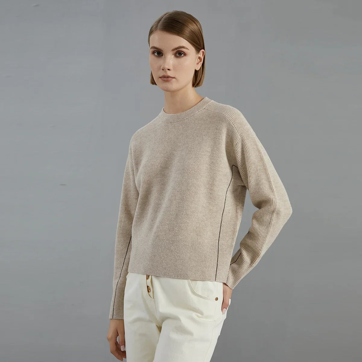 Damen Pullover gerippt Rundhals Langarm Strickpullover
